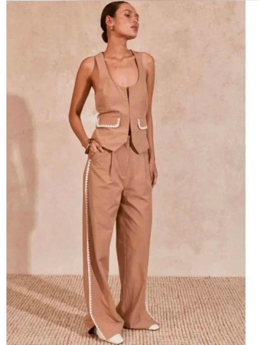 Two Piece Mon Renn Lisle Pant Set In Biscuit